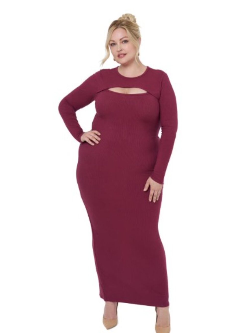 Edited Remi Bader Bodycon Long Sleeve Maxi Dress Burgundy Size 1X